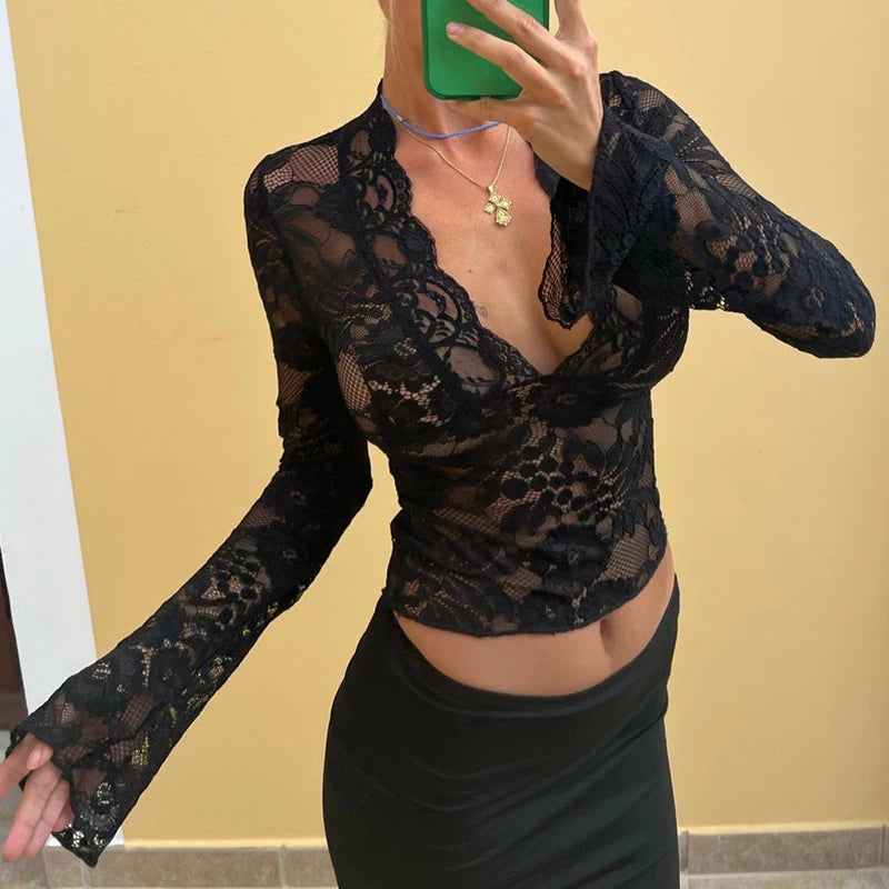 Lace Sheer Flared Sleeve Top