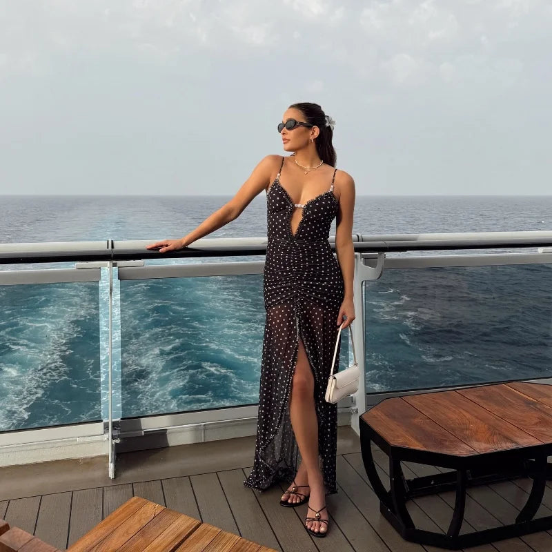 Black Backless V-Neck Polka Dot Maxi Dress