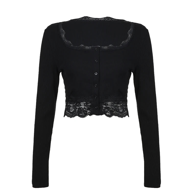 Crewneck Button Up T-shirts Lace Patchwork Black Slim 's