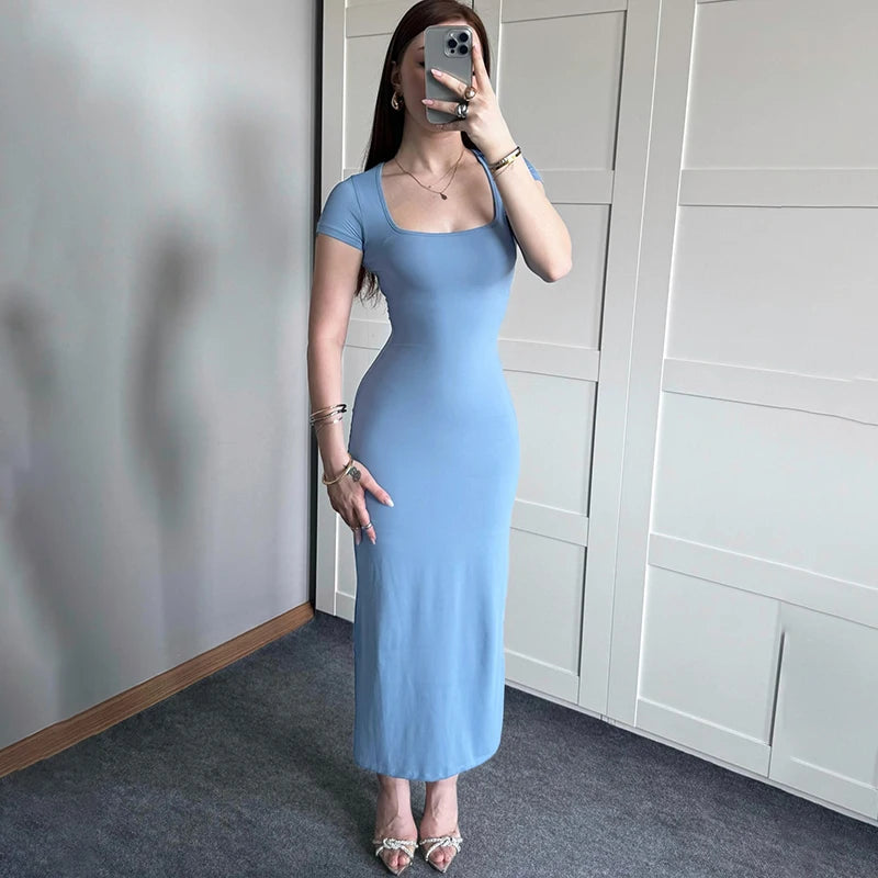 Square Collar Long Dress Short Sleeve Skinny Maxi Dress