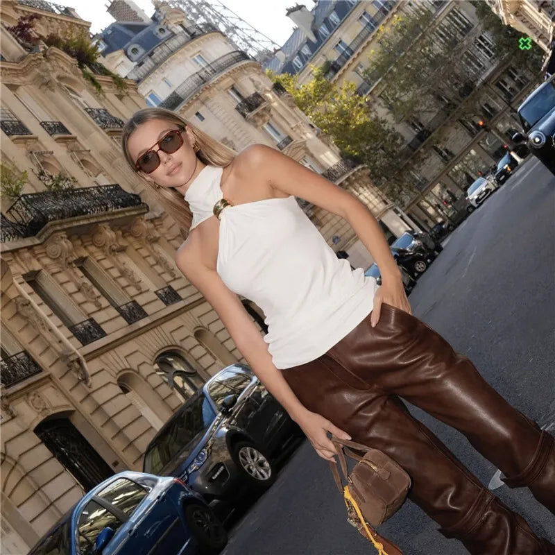 Turtleneck Knit Tank Top Vest Pullovers Metal Ring Camisole Sleeveless Knitted Top Cropped Top