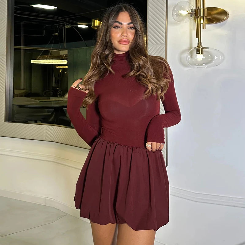 And Winter High Neck Long Sleeve Waisted Pod Short Skirt Slim Patchwork Dress