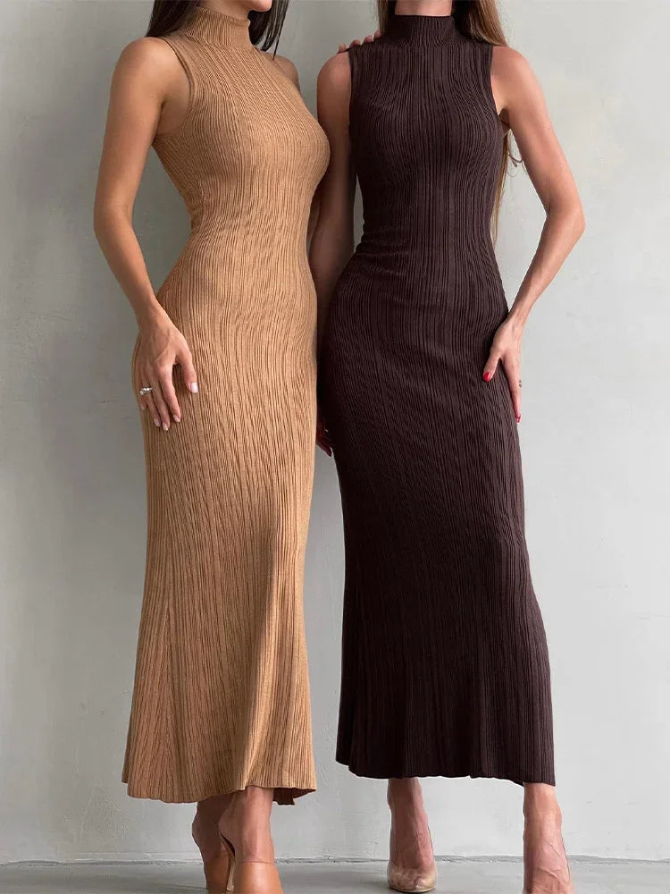 Sleeveless Knit Turtleneck Long Dress Slim Ribbed Knit Dress Maxi Dress