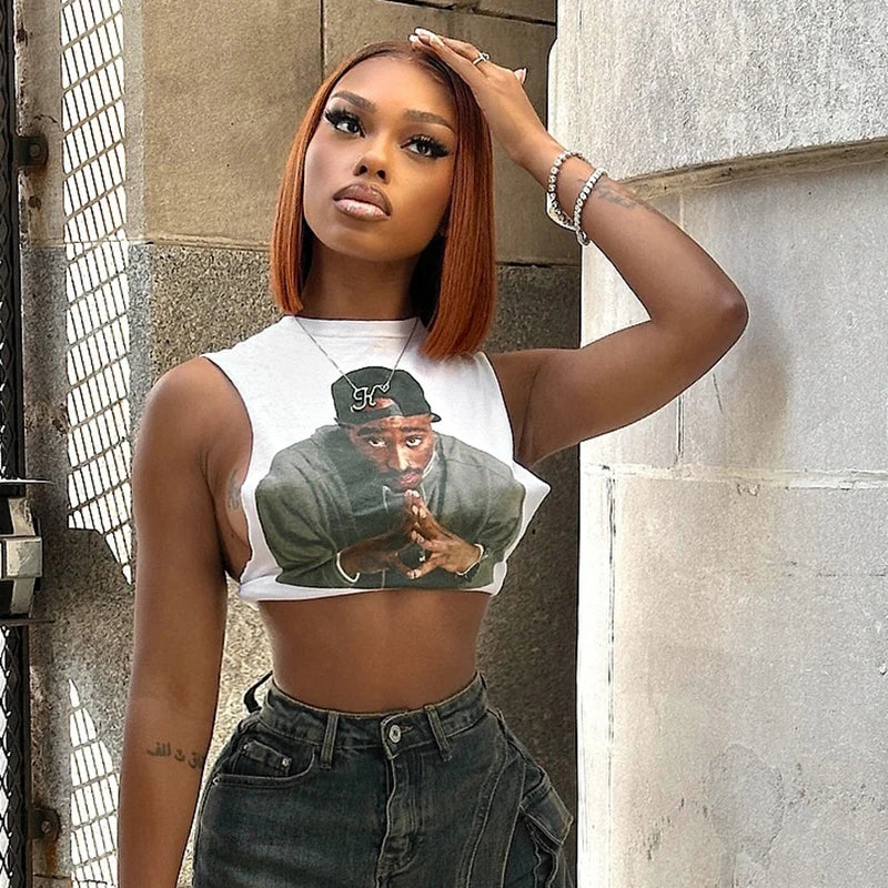 Retro 3D Tank Top O Neck Sleevele Cut Out Vet Crop Top