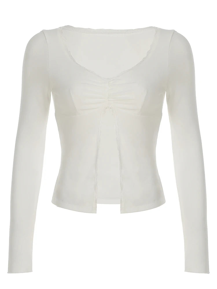 Lace Patchwork Slits Tee Shirts Long Sleeves 's Leisure Top