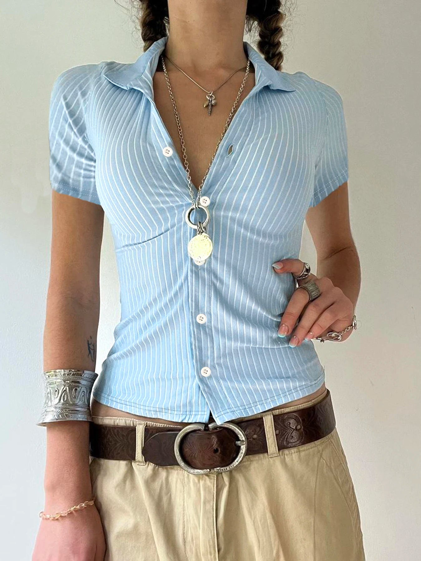 Blue Stripe Short Sleeve Shirts Button Up Turn Down Collar Slim Preppy Tops Basic Tees