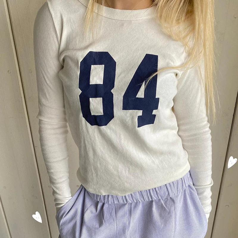 Digital Print Tee Shirts Long Sleeves Crewneck Top Slim