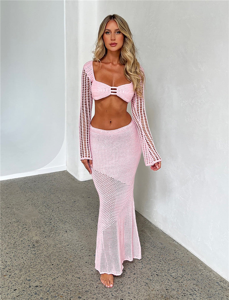 Crochet Knit 2 Piece Skirt Set Hollow Out Crop Top Long Sleeve Backless Tie Up Bodycon Dress