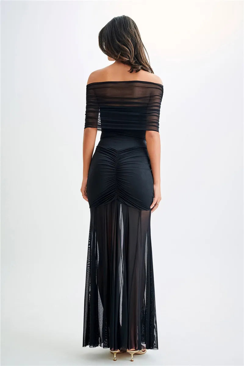 Off Shoulder Ruched Maxi Dress Apricot Backless High Waist Dress