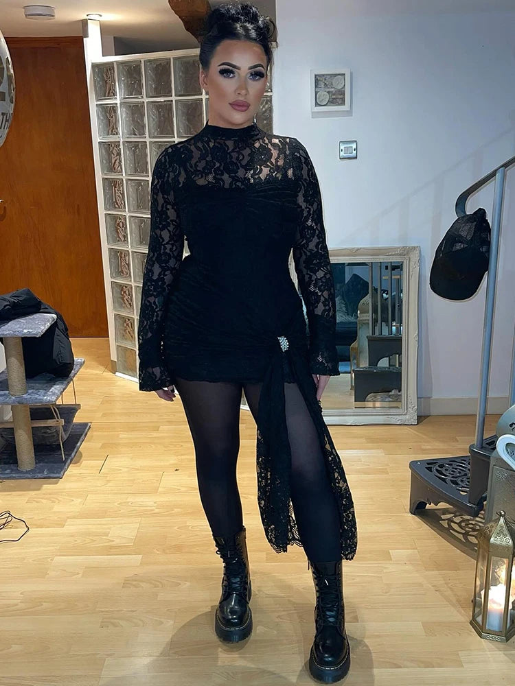 See Through Lace Dress Black Long Sleeve Floral Dress Slim Dresses
