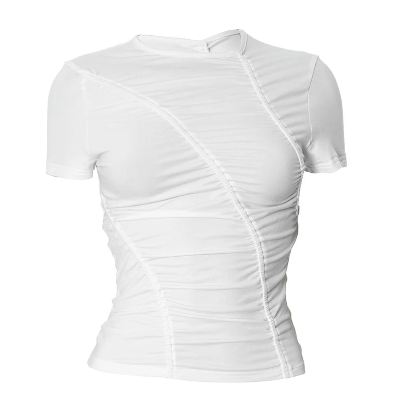 Spring And Round Neck Color Wrinkles Tight T-Shirt Top Versatile