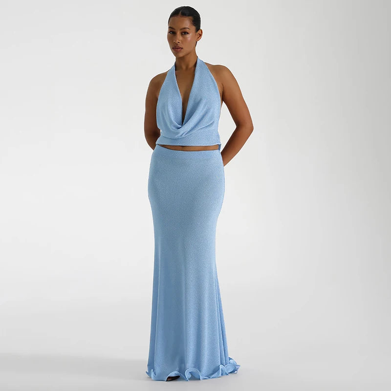 'S Color Hanging Neck V-Neck Backless Sleeveless Tank Top Long Fishtail Skirt Set