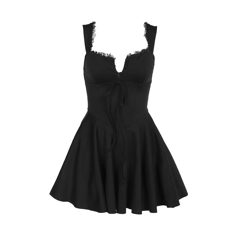 Sleeveless Lace Splicing Spice Slip Dress Slim Backless Ballet Pompadour Dress V-neck High-waisted Mini Dress