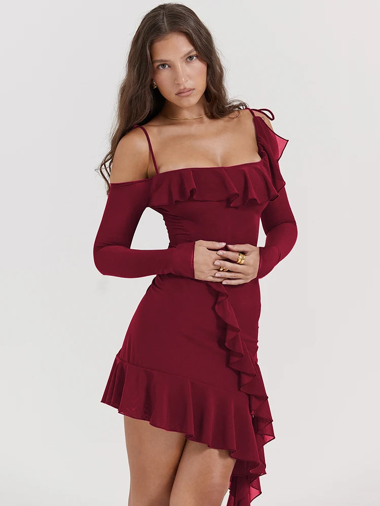 Strap One Line Neck Double Layer Long Sleeve Dress Slim Fit Ruffles Irregular Mini Dress