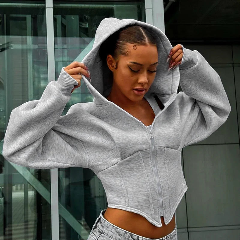 Long Sleeve Fleece Zipper Cardigan Hood Sweater Girdle Short Jacket