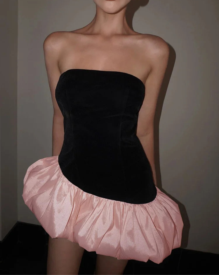 Puffy Dress Irregular Velvet Patchwork Strapless Banquet Bodycon