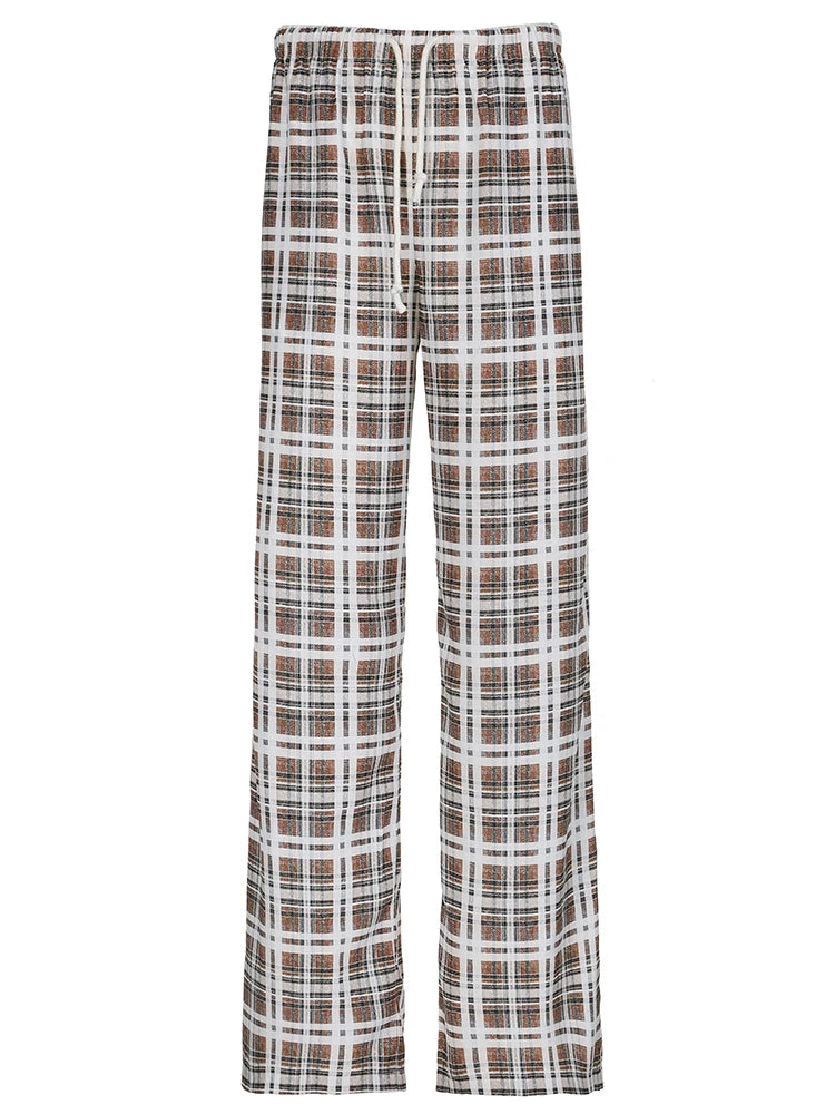 Drawstring Plaid Pants Elastic Waisted Sweatpants Straight Pants