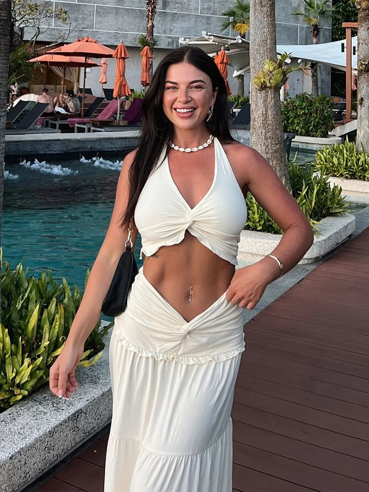 Two Piece Set Halter Backless Crop Camisole Waist Ruffles Long Skirt Ruched Street Suits