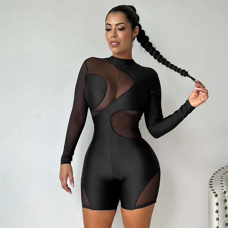 See Through Meh Patchwork Black Playuit O-Neck Long Sleeve Ruch Skinny Caaul Romper