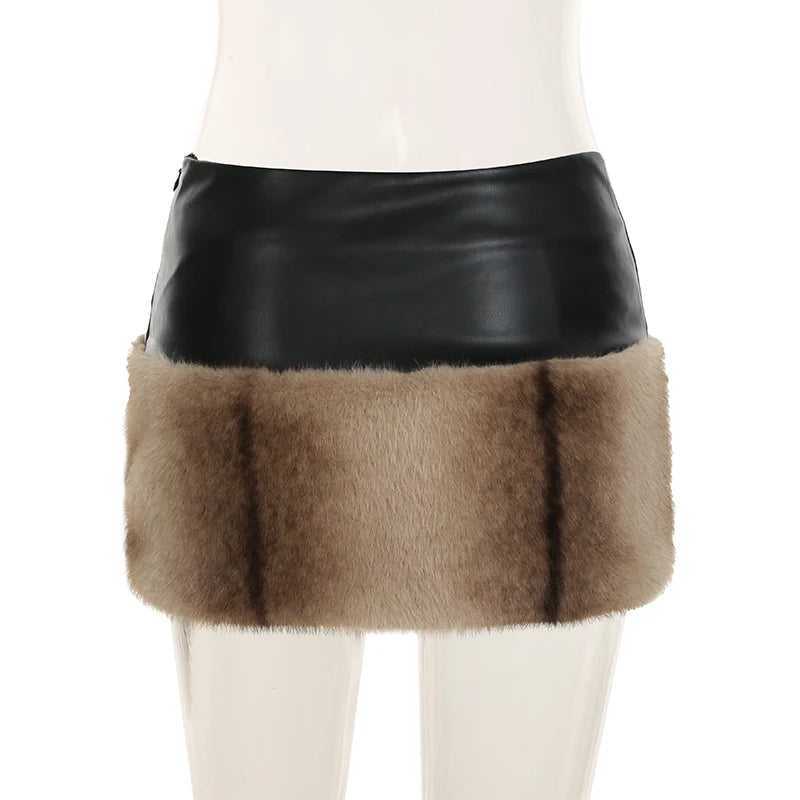 Furry Two Pieces of Sets Backless Strapless and Mini Skirts Slim PU Cloth