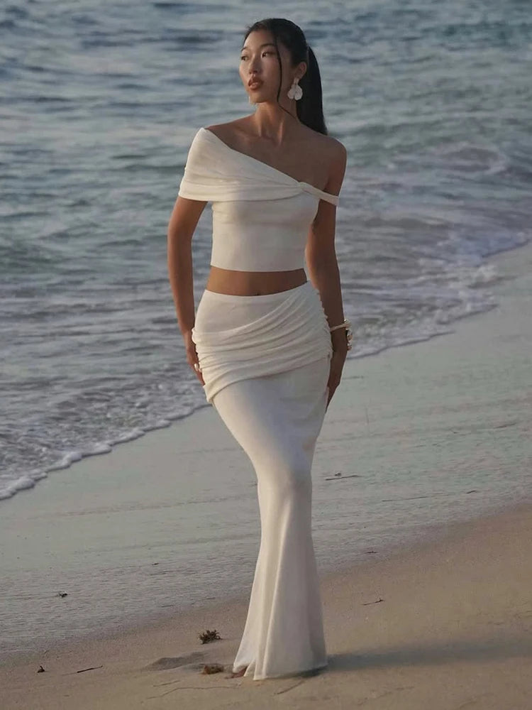 Matching Skirt Set Claic Banquet Incline Shoulder Crop Tee Maxi Pleat Skirt