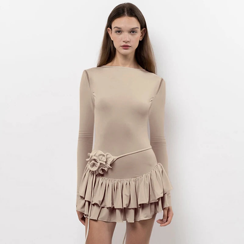 Round Neck Long Sleeve Dress Hem Pleat Deign Mini Dress