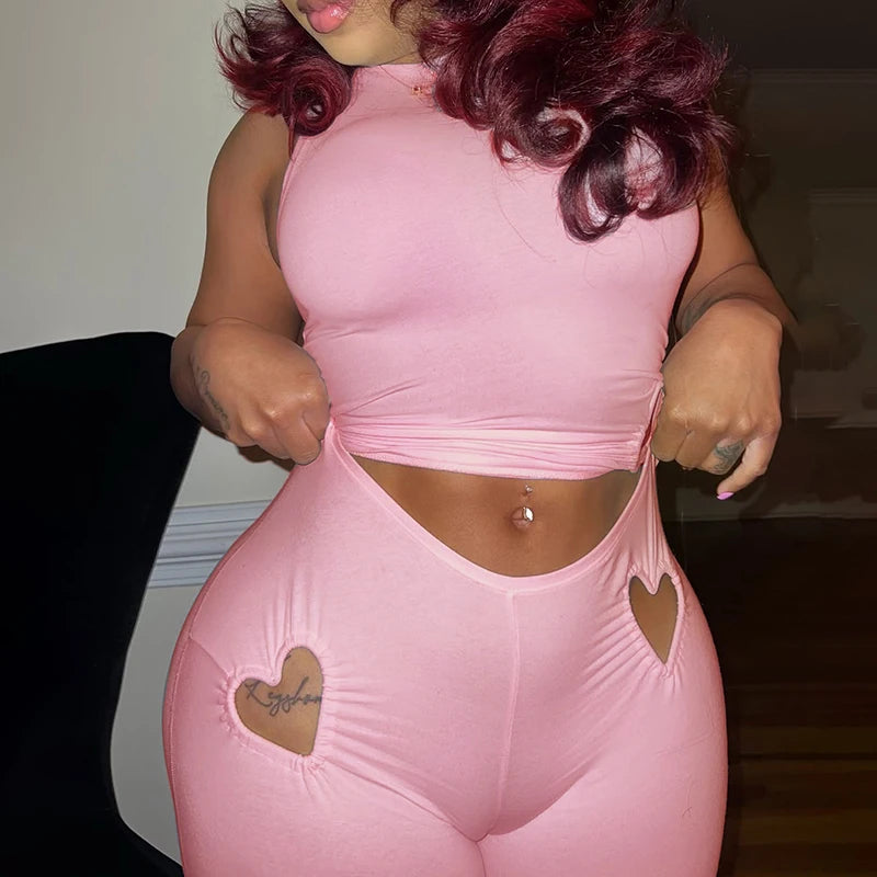 Spring ‘s Love Hollow Out Design Color Set Round Neck Sleeveless Tank Top Low Waist Pants Sets