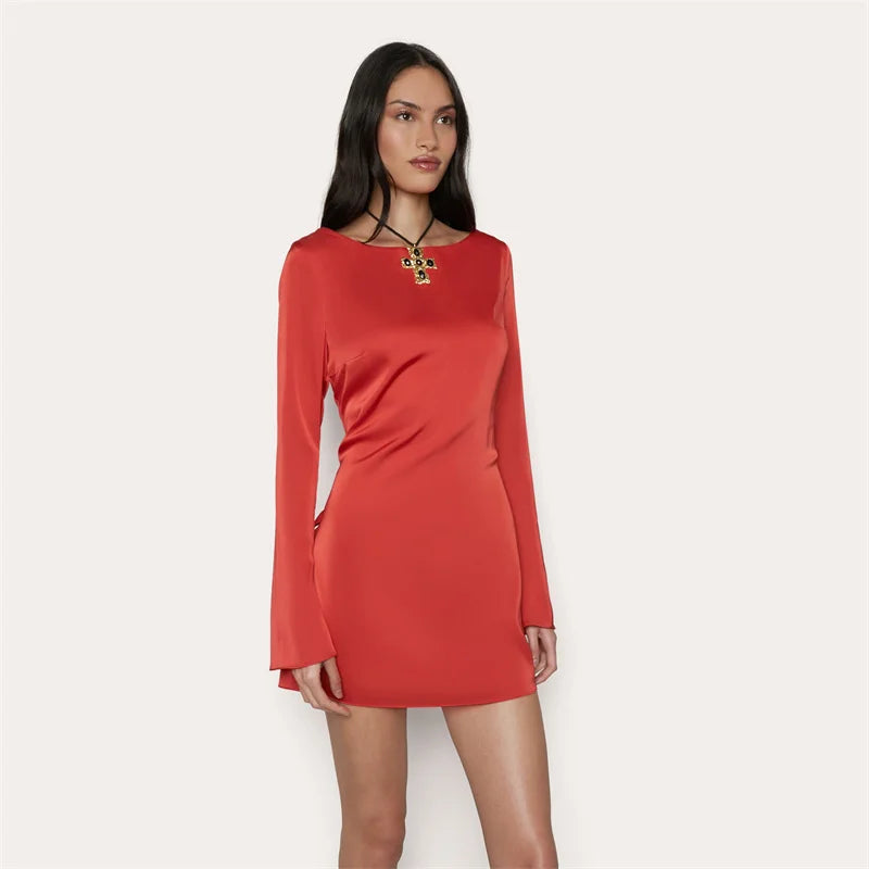 Satin Hollow Out Backless O-Neck Dress Long Sleeve Pullover Slim Fit Short Night Dress