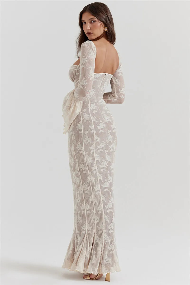 Lace Long Flare Sleeve Maxi Dress Square Collar Backless Bodycon Dress