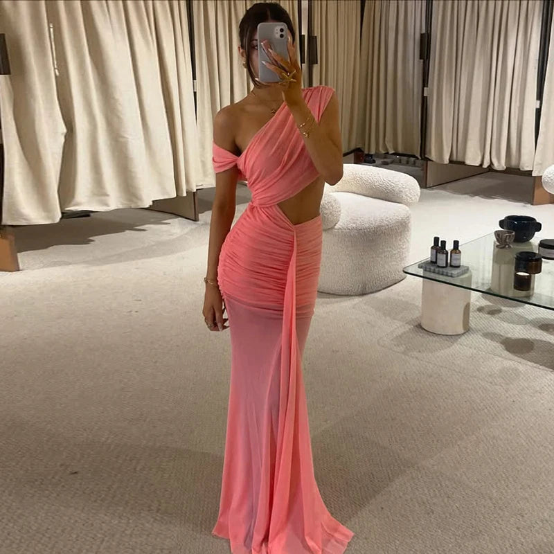 Color Pleated Slant Shoulder Sleeveless Strap Hollow Out Dress Celebrity