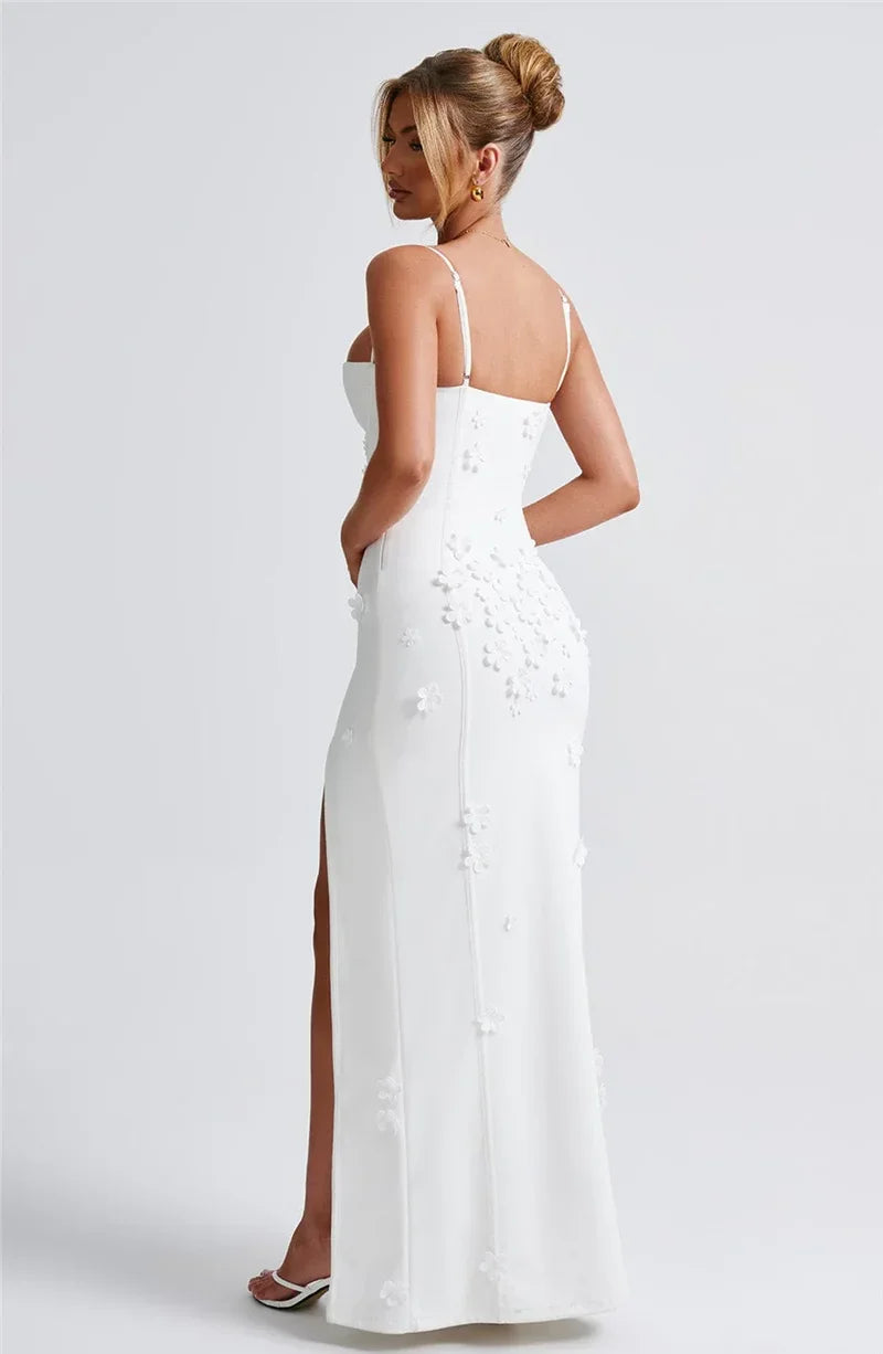 Flower Spaghetti Strap Maxi Dress Off-shoulder Backless Thigh High Split Evening Dress