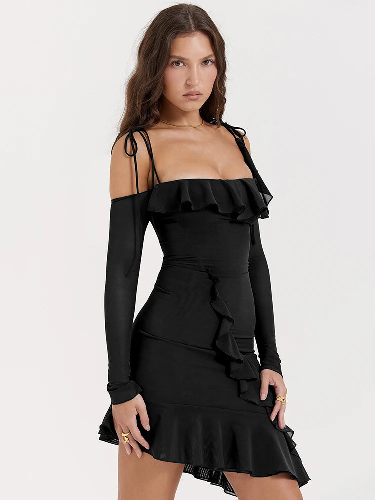 Strap One Line Neck Double Layer Long Sleeve Dress Slim Fit Ruffles Irregular Mini Dress
