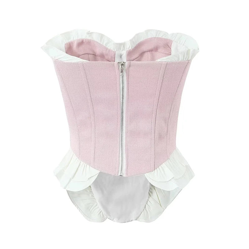 Sweet Patchwork Fish Bone Slim Fit Strapless Top Crop Top