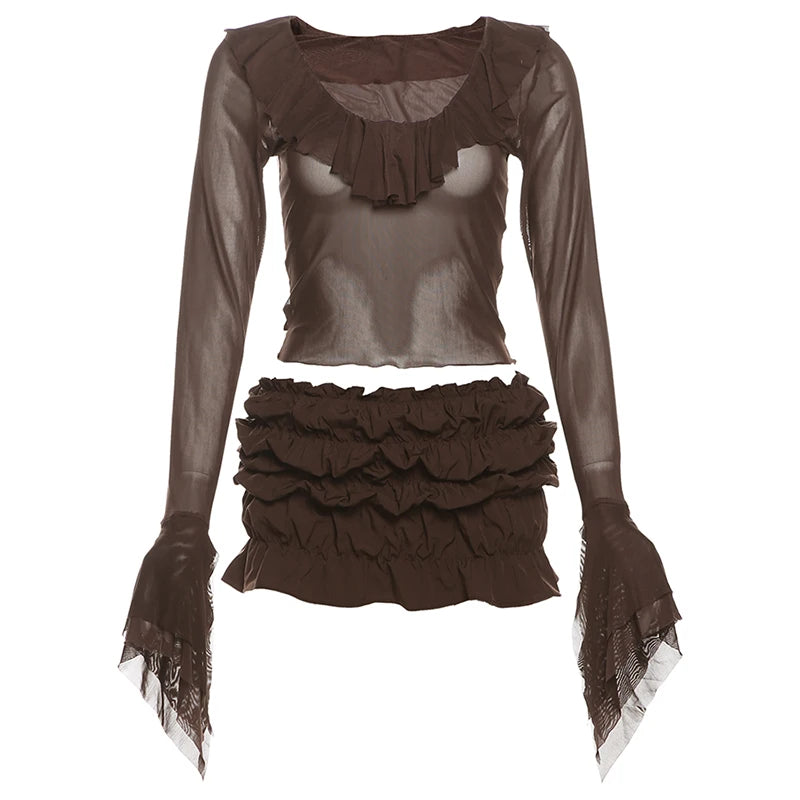See Through Two Piece Set Lapel Slash Neck Flare Sleeve Crop Top Tierred Mini Skirt Suit