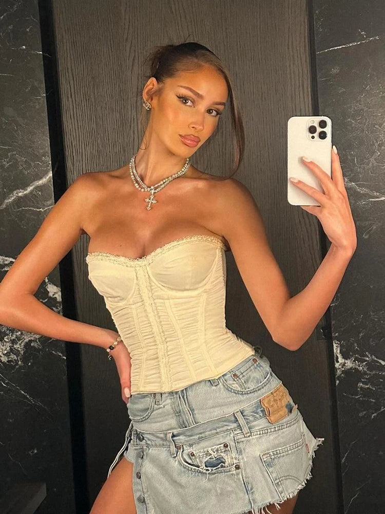 Ruffles Corset Top Fake Fishbones Wrap Daily stretch Tube Top