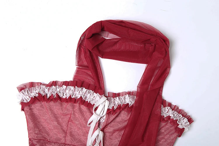 Mesh Scarf Patchwork Lace Ruffled Irregular Hem Long Tassels Frenulum Street Versatile Girly Sweet Top