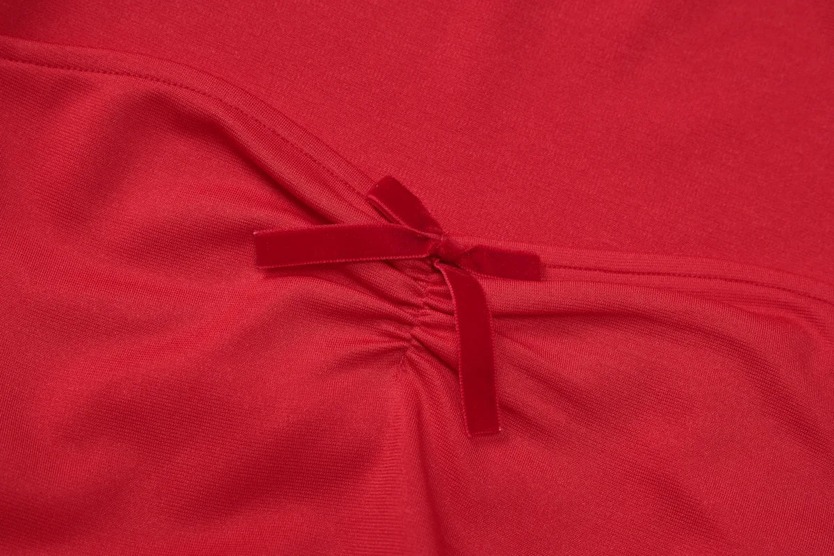 Square Collar Slinky A-Line Mini Dress Bow Detail Long Sleeve Ruched Dress