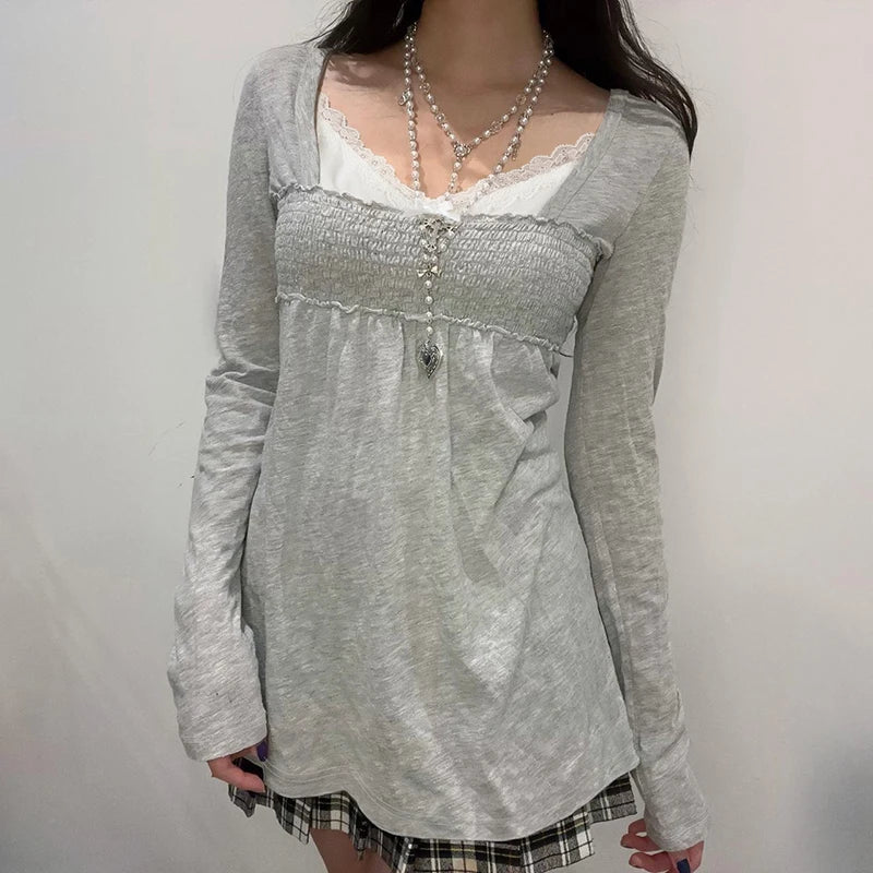 Lace Patchwork Square Collar T-Shirts Long Sleeved Top