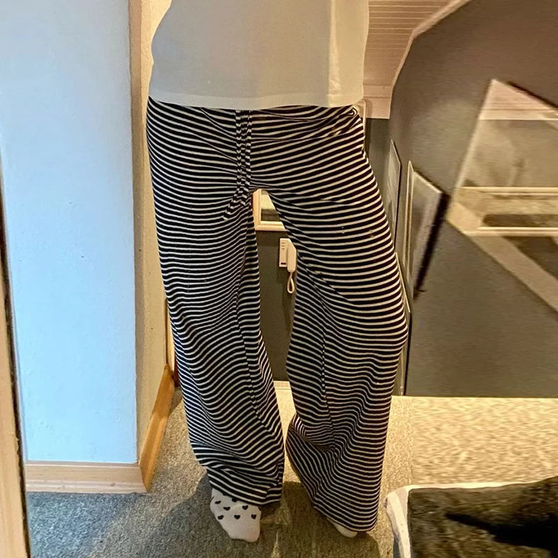 Striped Print Loose Pants Lace-up Trousers Bottoms