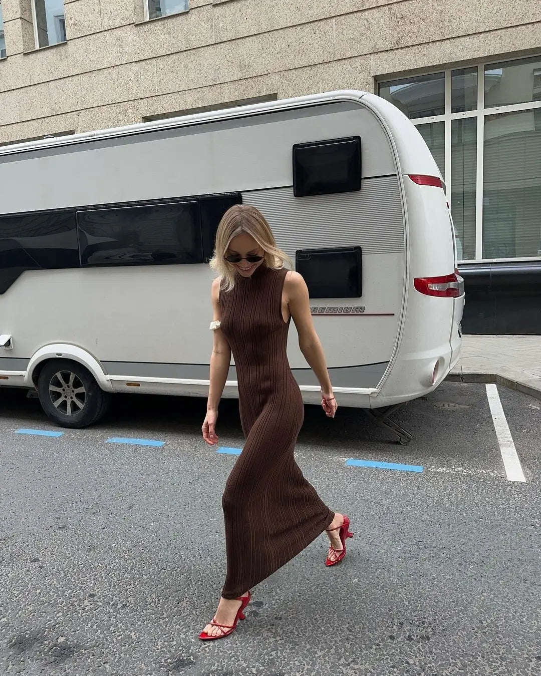 Sleeveless Knit Turtleneck Long Dress Slim Ribbed Knit Dress Maxi Dress