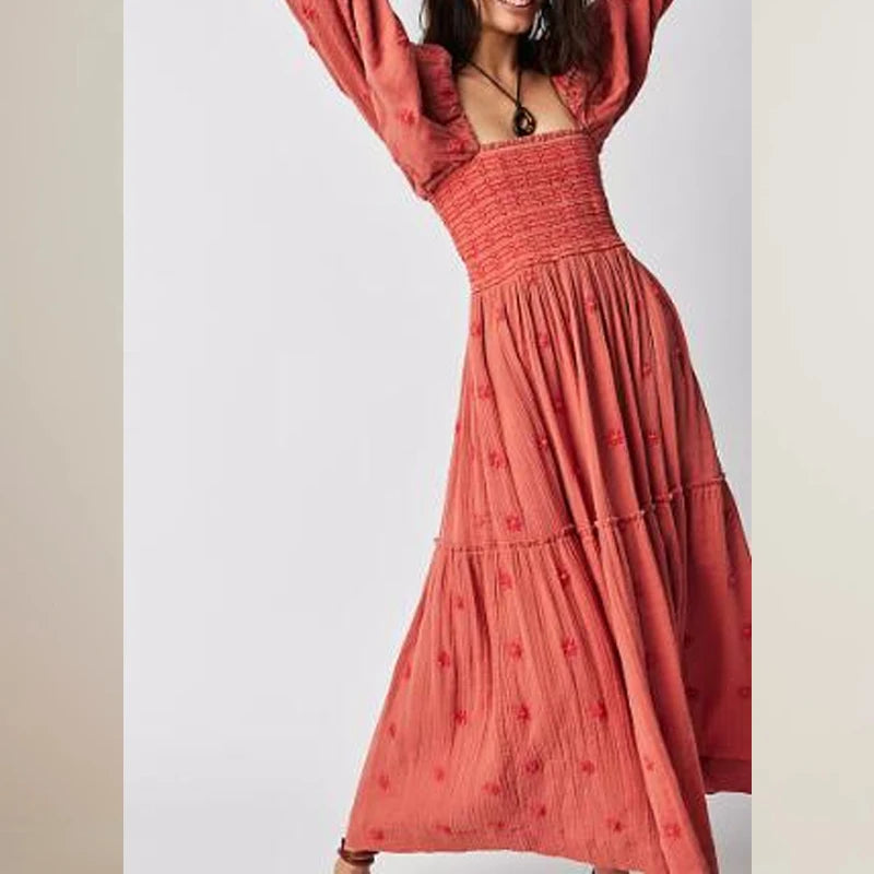 Ruffle Swing A Line Maxi Dress Bohemian Floral Dress Square Neck Long Sleeve Dress