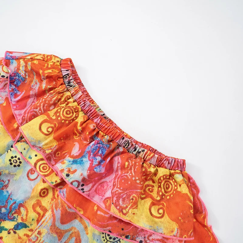 'S Floral Print Slim Set Strapless Twisted Hollow Out Tank Top Flutter Belt Short Skirt Sets