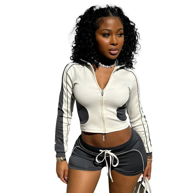 Stand Collar Slim Fitne Thin Crop Top Drawtring Short Two Piece Set Racing Jacket Suit