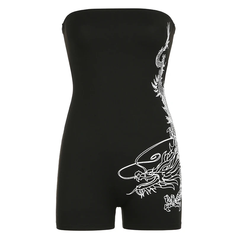 Dragon Print Tube Rompers Off Shoulder Bodycon Jumpsuits 's Overalls