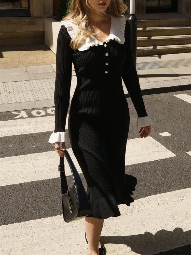 Ruffled Patchwork Knit Maxi Dress Ribbed Long Sleeve Dress Gown Slim Knit Long Dress