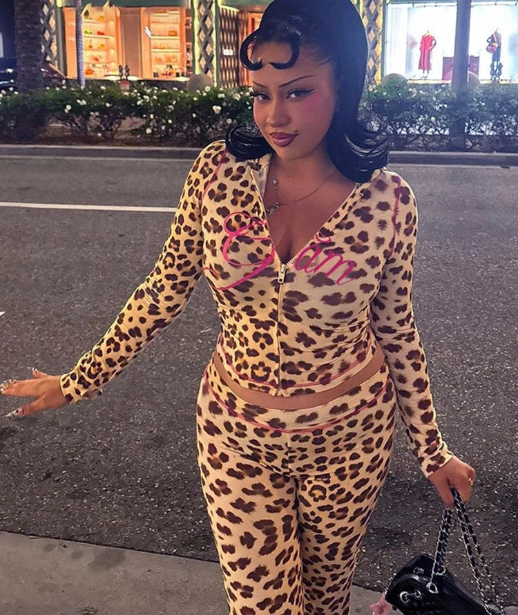 Leopard Crop Jacket Flared Pants Two Piece Set