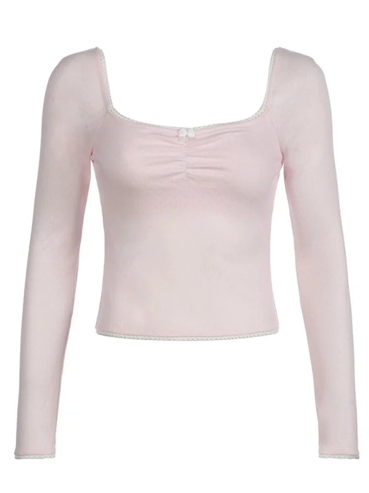 Square Collar Slim Folds Tee Shirts Long Sleeves s Lace Knitted Bow 's Top
