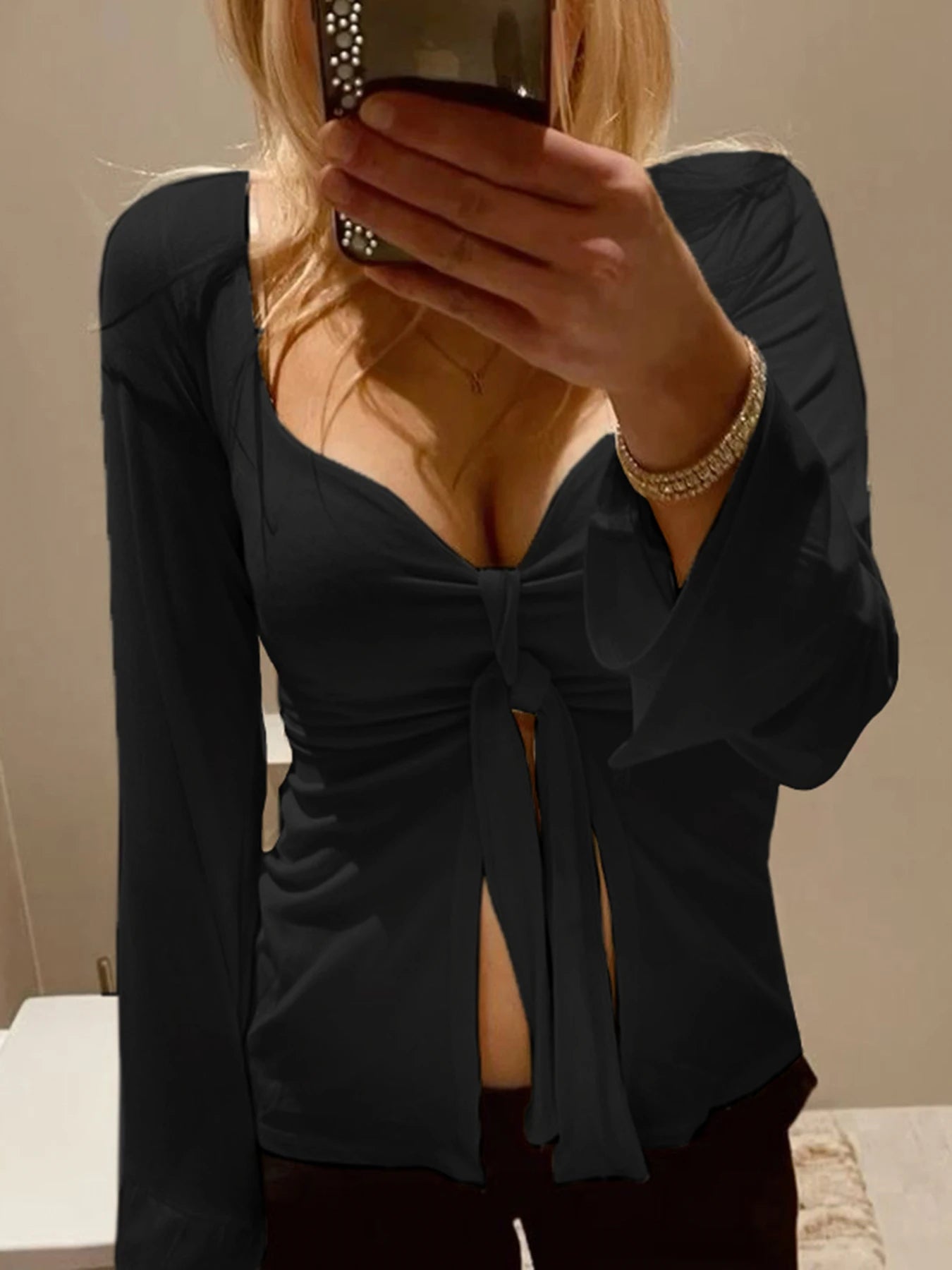 Front Lace-up Black Shirt Long Sleeve