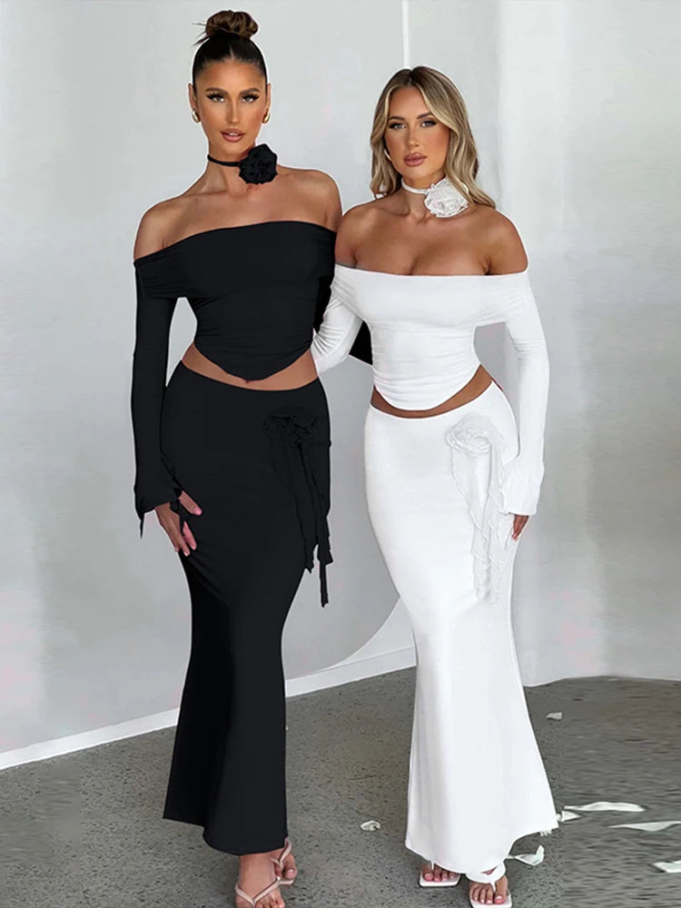 3D Flower Off Shoulder Crop Top Maxi Skirt Set