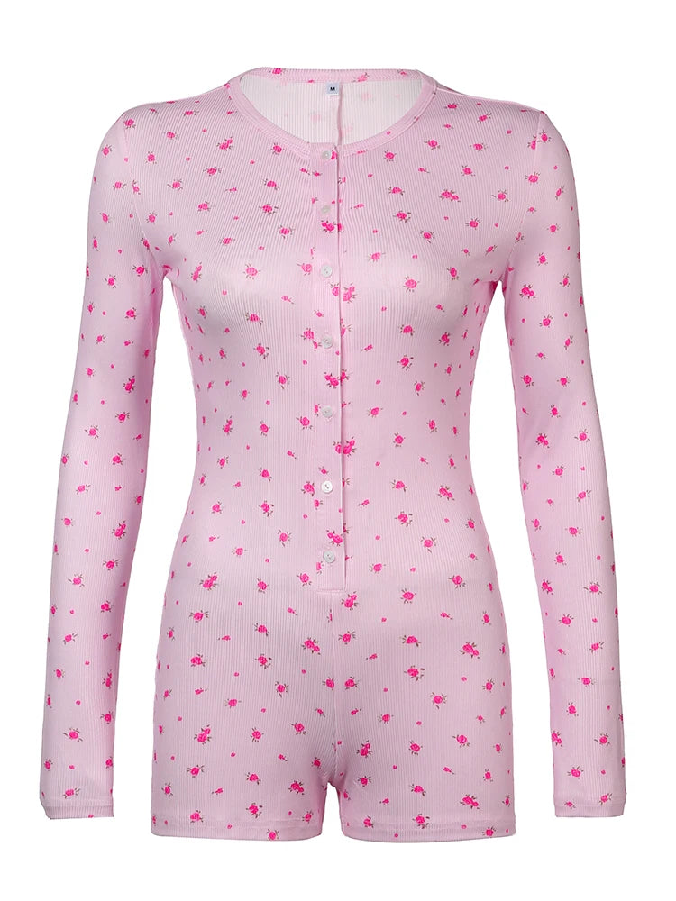 Floral Print Rompers Crewneck Long Sleeves Jumpsuits
